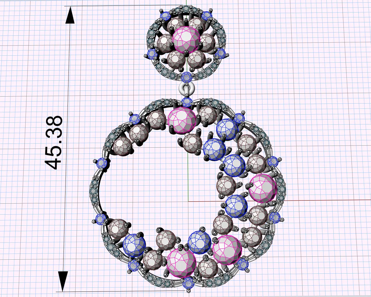 3D CAD model of a drop earring featuring round rose-cut stones. 3D CAD model of a drop earring featuring round rose-cut stones.