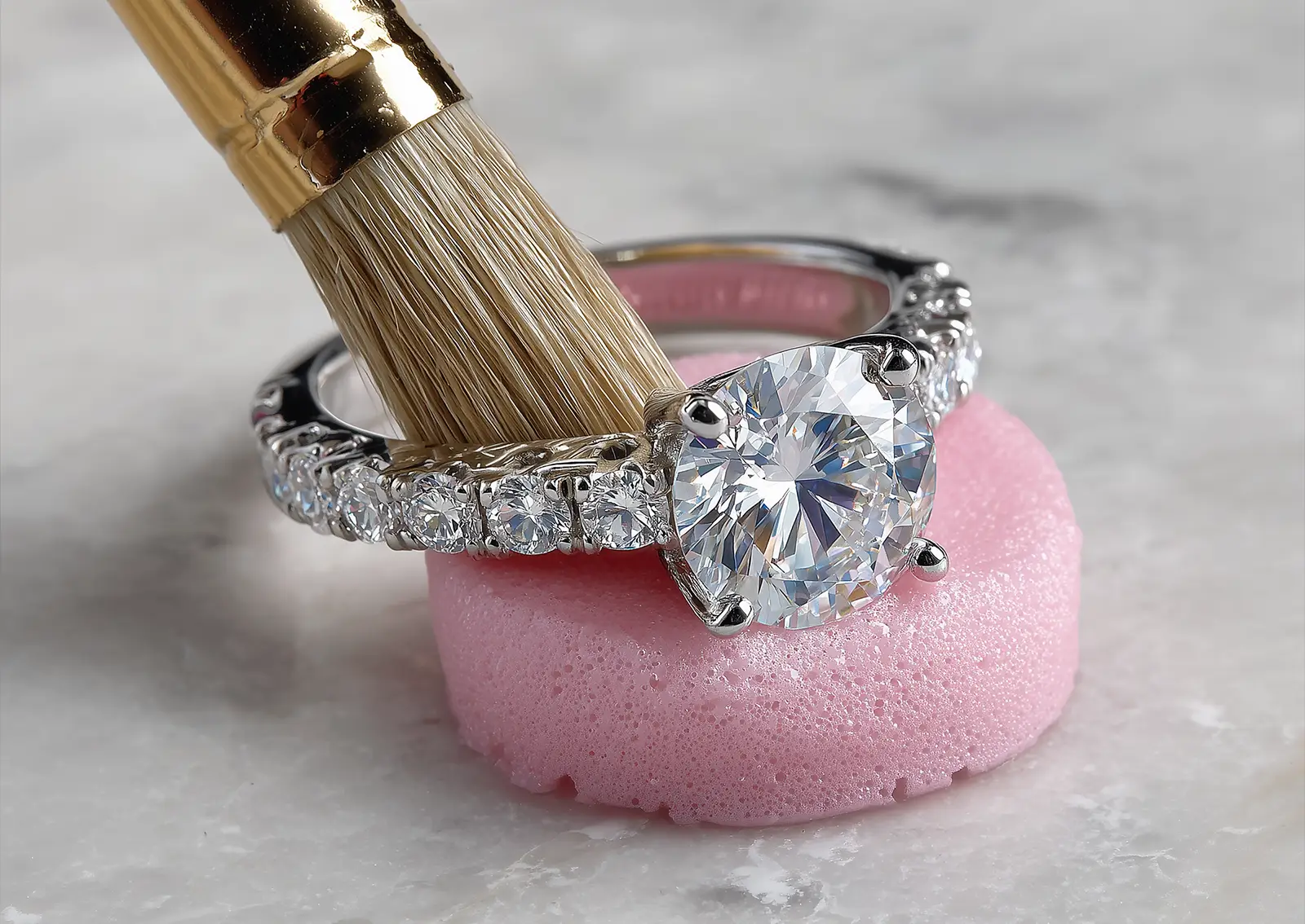 An engagement ring with a large round clear diamond is being cleaned at home with a brush. How should I clean and maintain my custom jewelry at home?